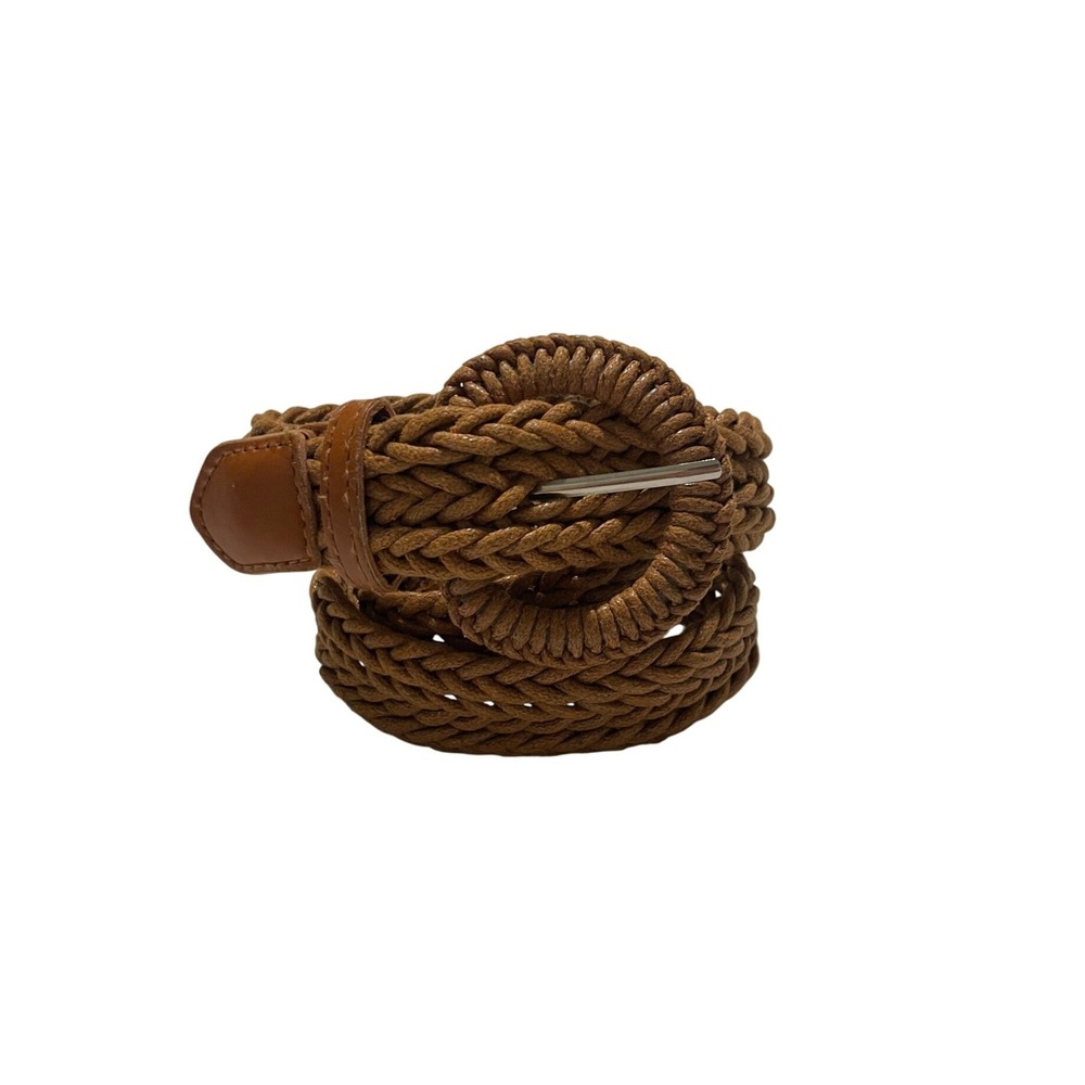 Womens Brown Braided Woven Belt Boho Round Buckle Cognac 35 Inch